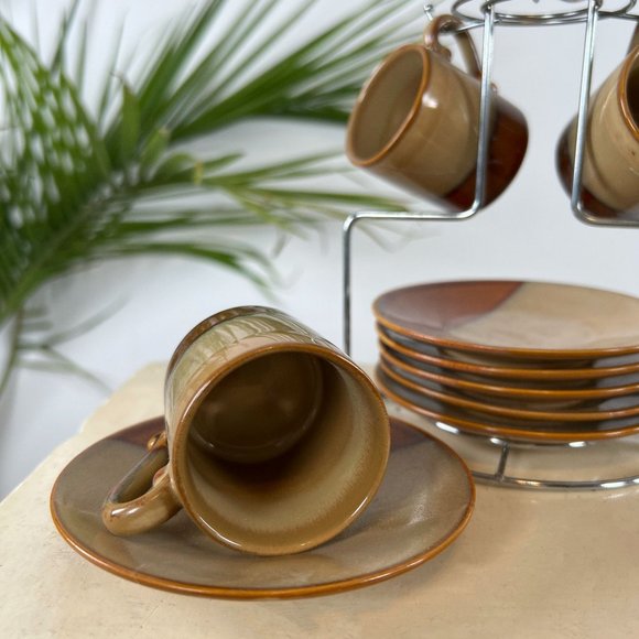 Vintage 90s Cottage Cabin Core Brown 6 Piece Ceramic Expresso & Saucer Set - Picture 2 of 4